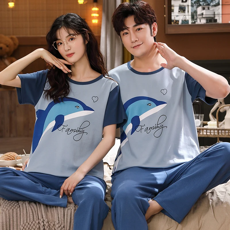 Couple Nightwear Suit Summer Sweet Cute Short Sleeve Pajamas Cartoon Pattern Homewear Men Big Yards M-XXXXL Cotton Pijamas Mujer