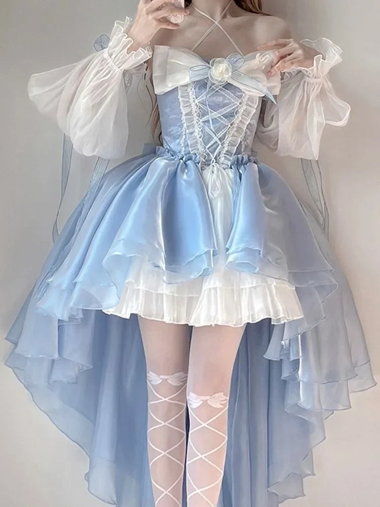 

2025 New Lolita Elegant Dress French Romantic Princess Puff Sleeve Bowknot Flower Mesh Fantastic Fairy Dresses Irregular Cosplay