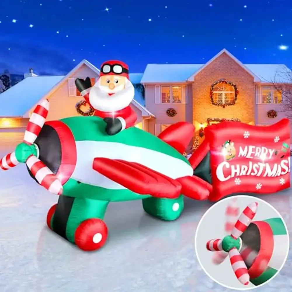 10.5 FT Christmas Inflatables Santa Claus Animated Helicopter Blow Up Flying Airplane Wishes Giant LED Lights Fun Outdoor