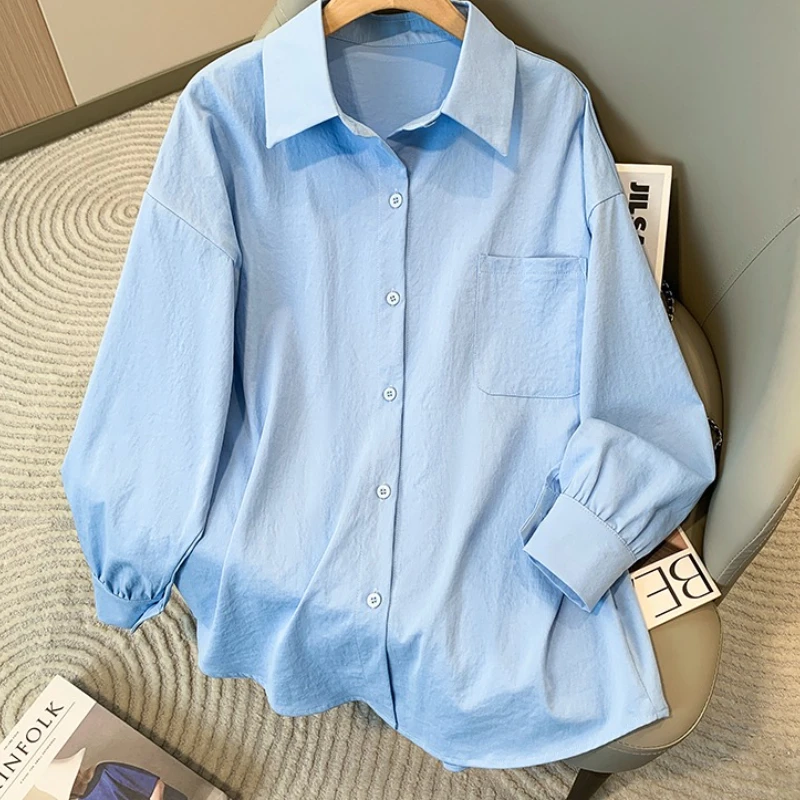 

Женские осенние новые простые солнцезащитные топы с большим карманом, повседневная рубашка большого размера с длинными рукавами, однотонная универсальная блузка с лацканами