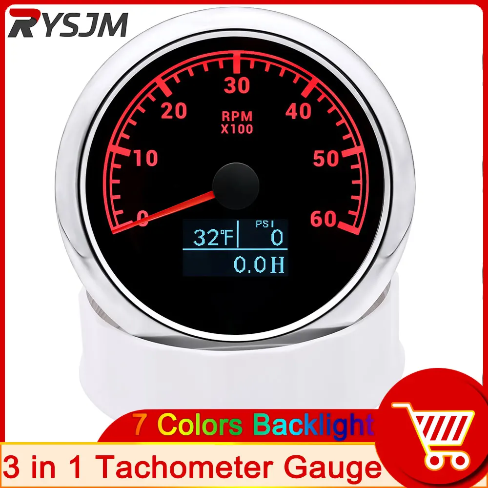 85mm Tachometer Waterproof 3 in 1 Gauge 6000 RPM Tacho Meter LED Water Temperature Gauge Oil Pressure Hour Meter for Boat Car