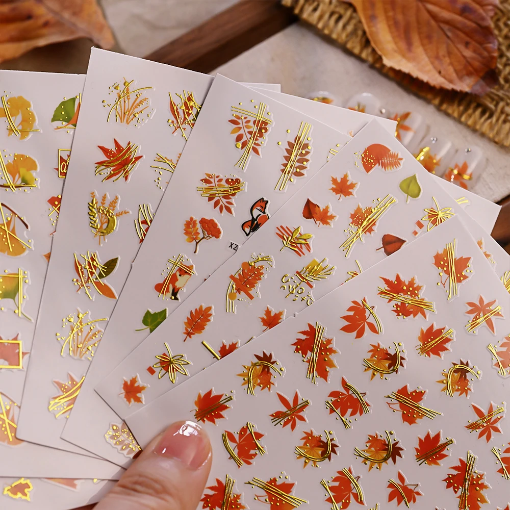 6Pcs Autumn Leaf Nail Stickers 3D Gold Foil Maple Leaf Fox Ginkgo Adhesive Decals for Fall Thanksgiving DIY Manicure Nail Decors