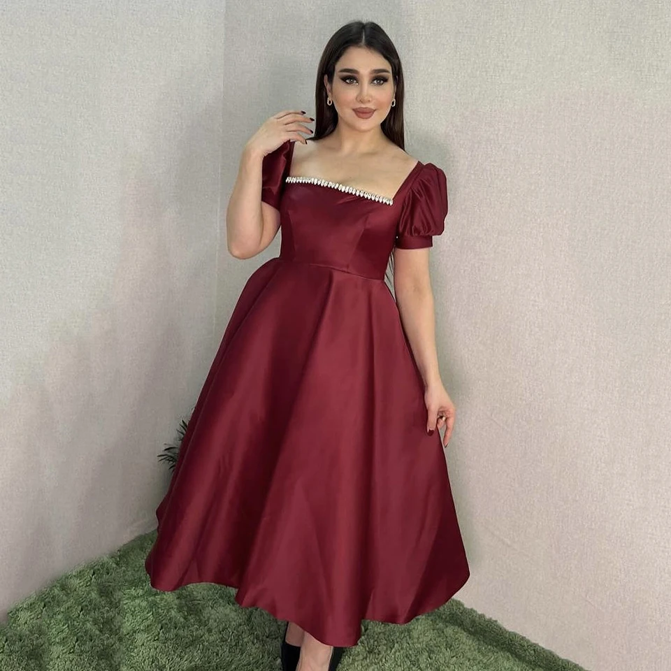 

Charming Burgundy Square Neck Crystal Open Back Short Sleeves Evening Dress 2025 A-Line Ankle-lengh Stain Zipper Prom Dress