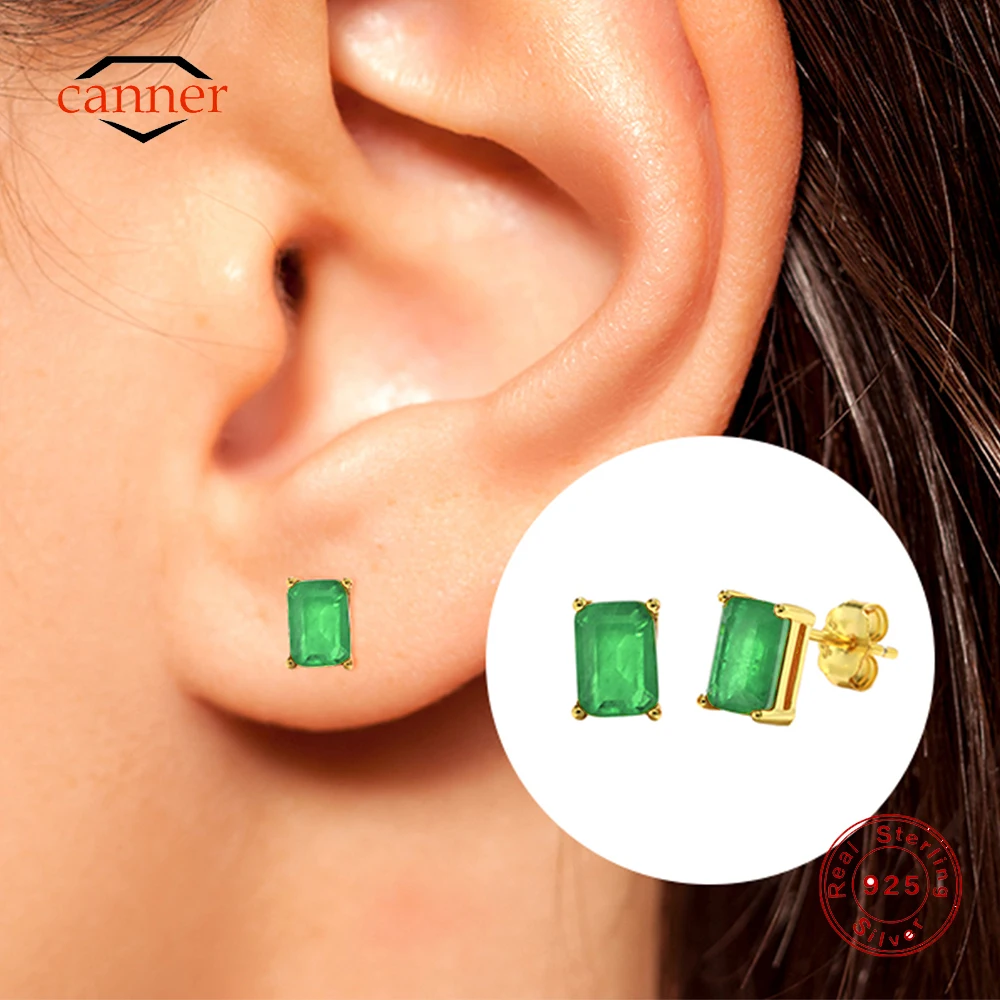 

CANNER 925 Sterling Silver Rectangle Emerald Stud Earrings For Women Luxury Versatile Classic Earring Jewelry Wedding Party Gift