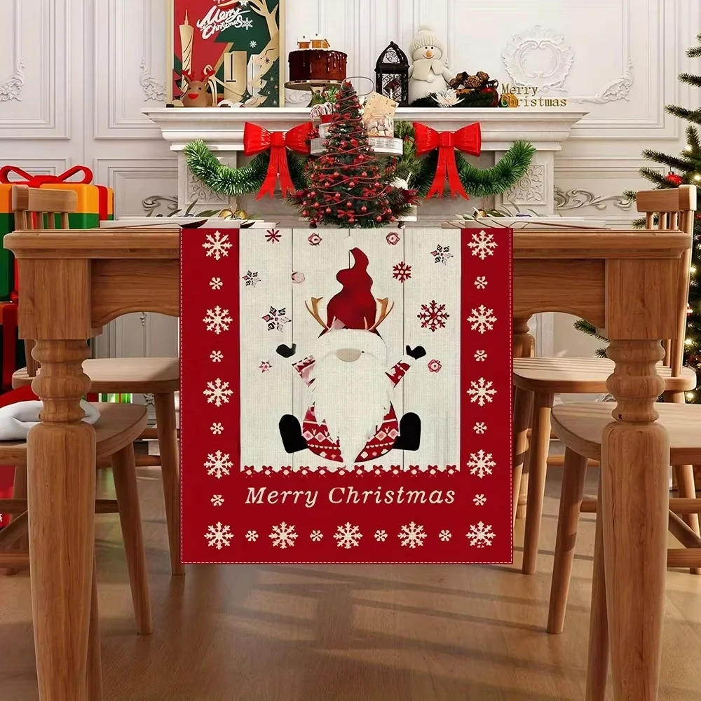 Weihnachts-Tischläufer aus Leinen (mehrere Größen) – Weihnachtsmann, Rentier und Schneeflocken-Design |   Tischflagge mit festlicher Heimdekoration