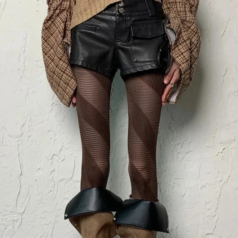 

New Vertical Line Coffee Fishnet Tights‌ Lolita Striped Thigh High Slimming Stockings JK Japanese Style High Waist Vintage Socks