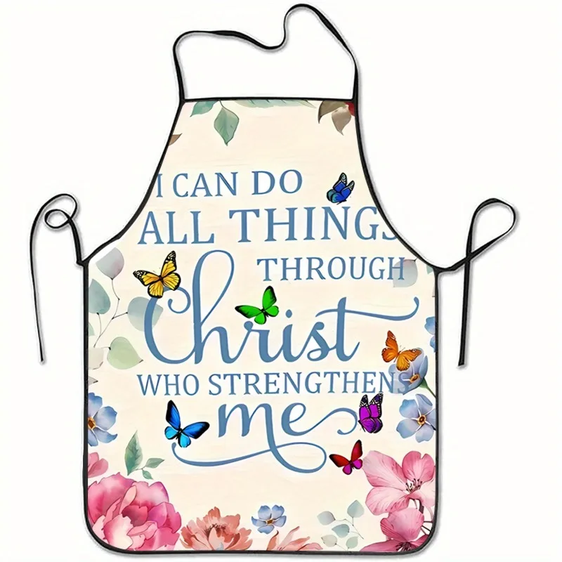 [Open ]1pc Religious Text And Butterfly Floral Print Sleeveless Polyester Apron, Unisex Household, Home Kitchen Baking Work Apro