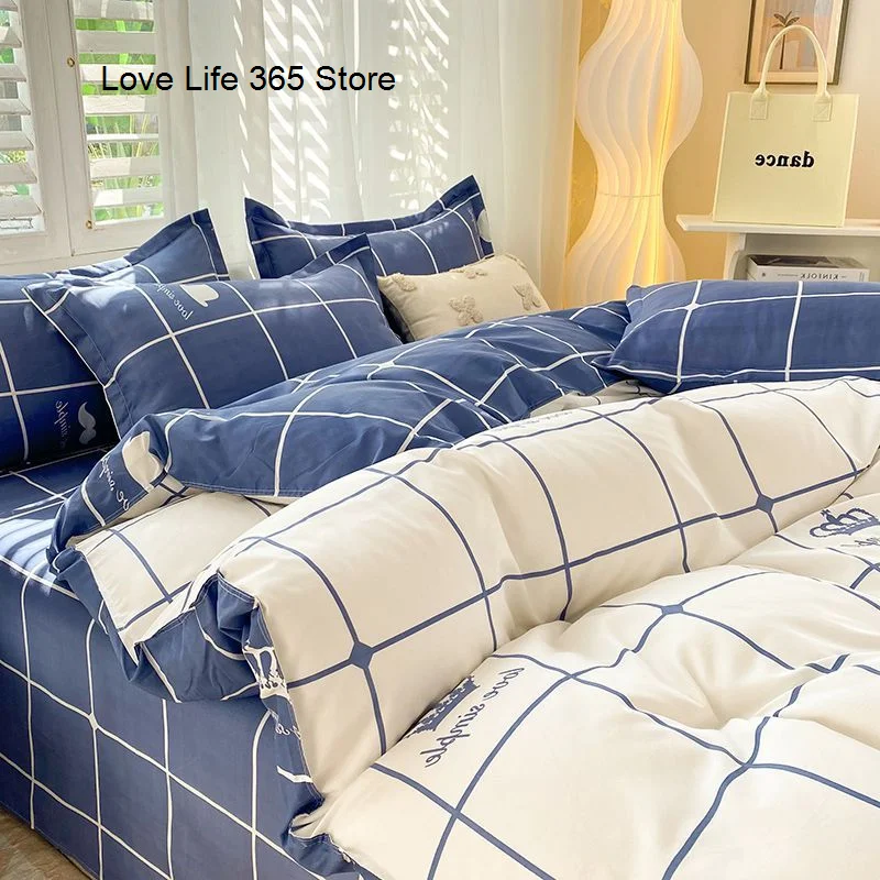 

Nordic Style Blue And White Check Pattern Duvet Cover Four Pcs Bedding Set Double-sided Simple For Kids Adults Soft Sheets