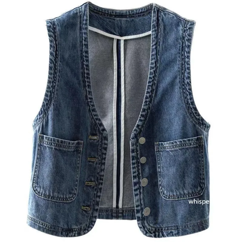

Vintage Slim Short Denim Vest Female Korea Fashion 2023 Spring New Sleeveless Jacket Women Jeans Waistcoat Casual Tops V-neck