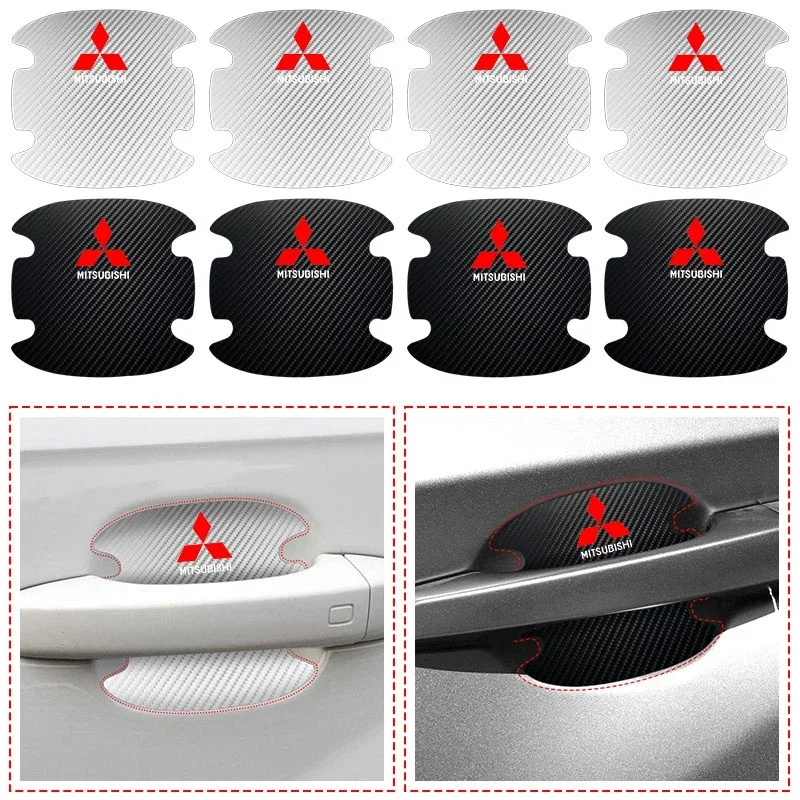 

4Pcs Carbon fiber Car Door Handle Protection Sticker Emblem Car Styling For Mitsubishi Outlander Lancer 10 9 ASX RALLIART L200
