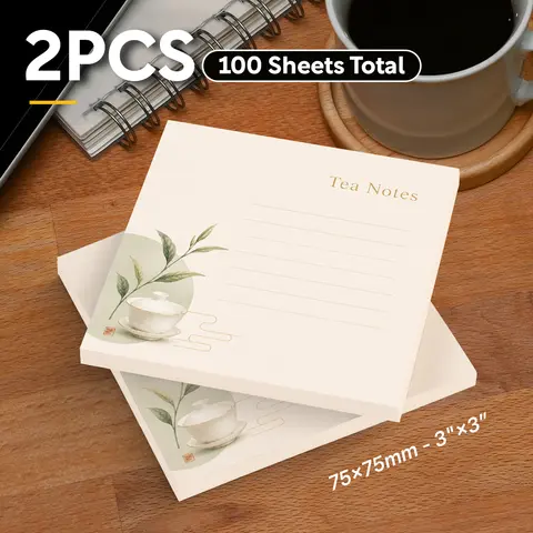 2PCS Tea Notes Self Adhesive Sticky Notes 100 Sheets Chinese Tea Cup Tea Leaf Lined Memo Pads Elegant Oriental Office School Sta