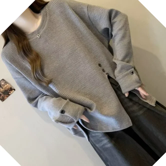 Large Size Women's Clothing Spring And Autumn New Casual Loose And Thin Texture Pit Strip Split Long-sleeved T-shirt