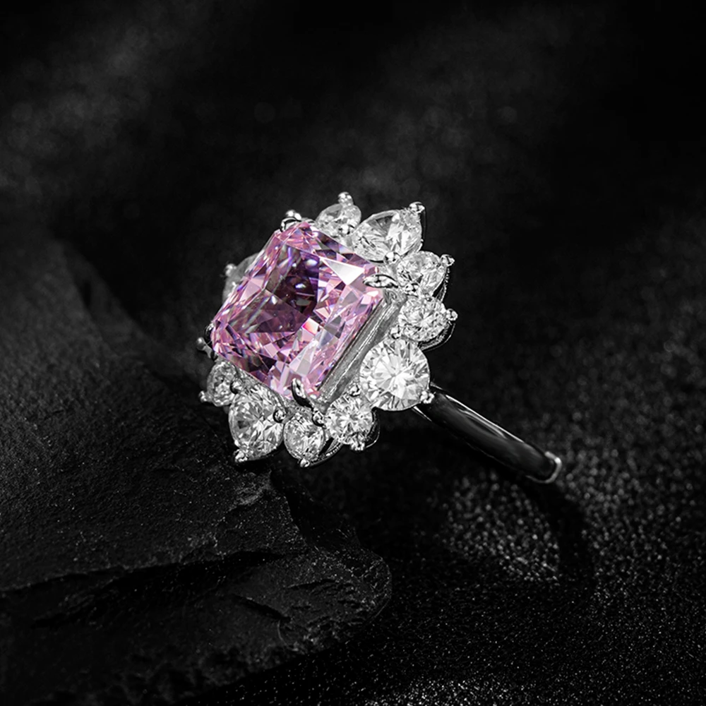 WUIHA Real 925 Sterling Silver Crushed Ice Cut 6CT Pink Sapphire Created Moissanite Diamond Flower Ring for Women Gift Wholesale