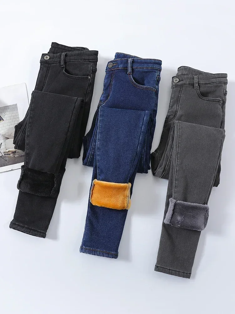 Skinny Women\'s Warm Jeans Winter Thicken Fleece Stretch High Waist Pencil Pants Fashion Korean Black Blue Gray Velvet