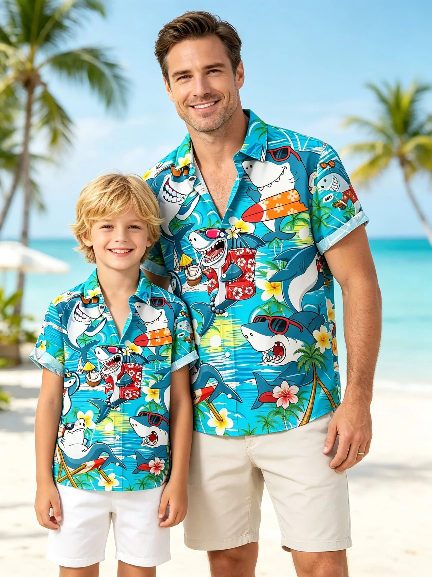 Men Women Kids Vintage Hawaiian Floral Short Sleeve Shirt Original Pattern Seabed Printing Shark Fashion Summer Cartoon Tops