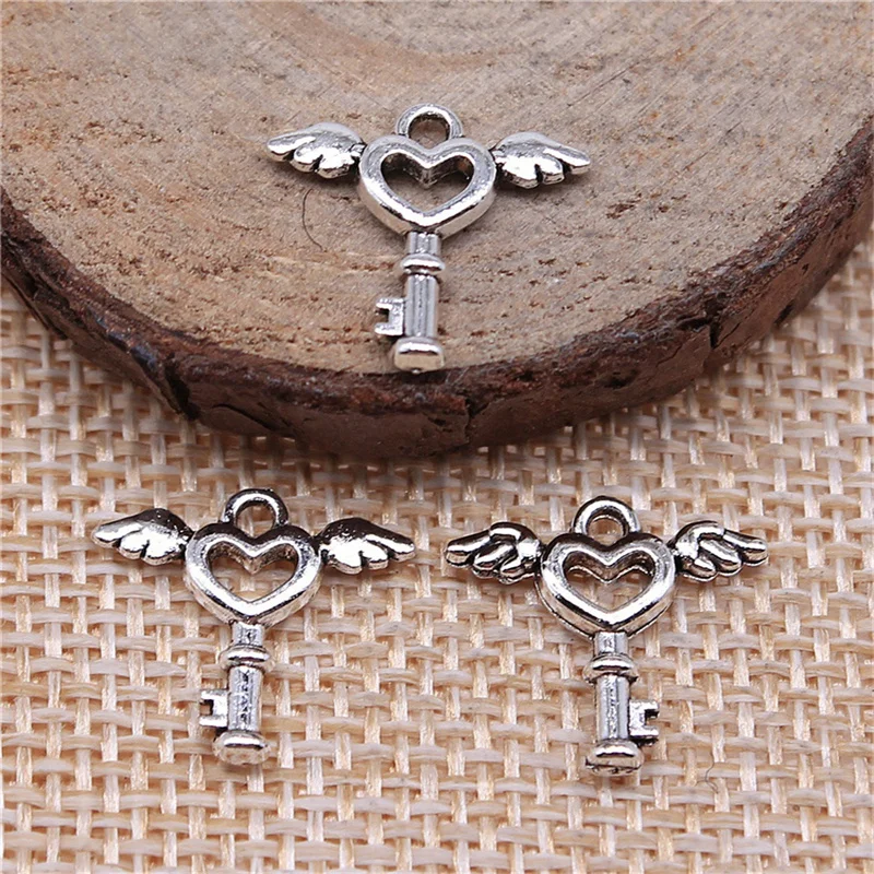 30pcs Charms Fly Key 14x14mm Antique Bronze Silver Color Pendants Making DIY Handmade Jewelry Factory Wholesale