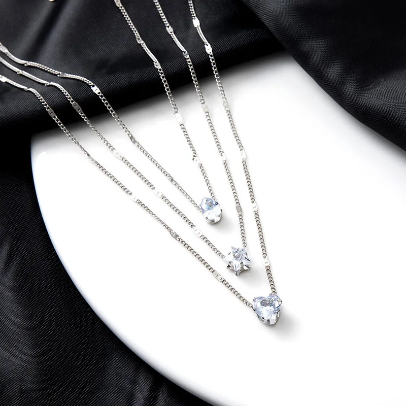

Hot Simple Multilayer Pendant Necklace Chain Women Zircon Heart Star Charm Layered Necklace Vintage Female Neck Wedding Jewelry