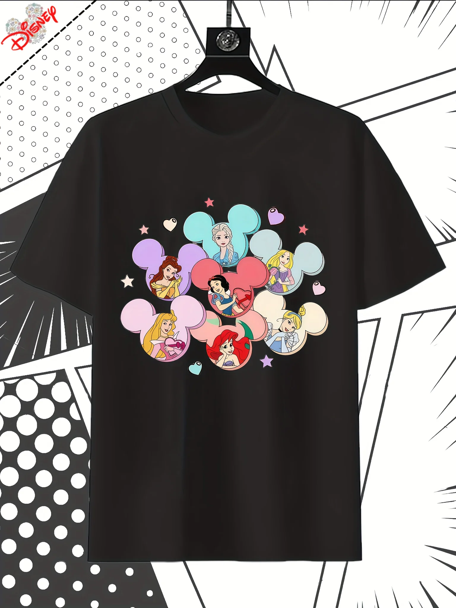 

Disney Princess and Mickey Mouse Pattern - Round Neck Casual Summer T-shirt, Machine Washable Four Seasons Casual Wear