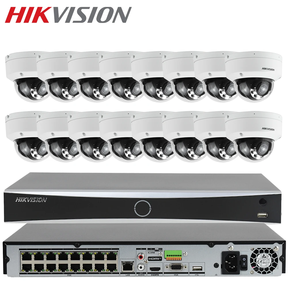 

Hikvision 16-Channel Acusense Camera Security System 16POE NVR 4MP Dome Smart Hybrid Light IP Camera IP67 IK10 Black White