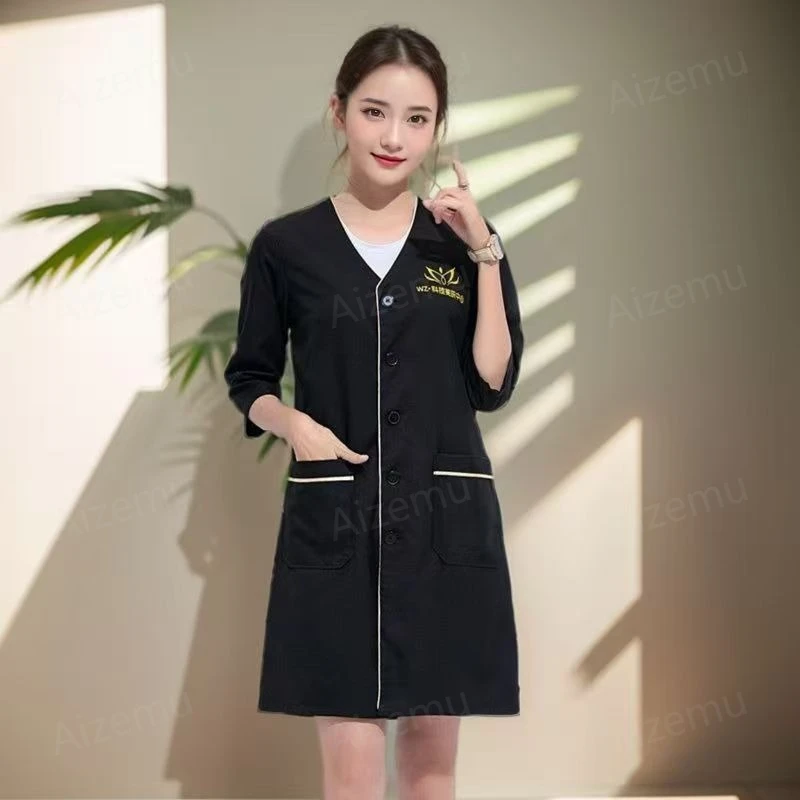 

Черная униформа для салонов красоты, женская униформа для спа-салонов, униформа для персонала, белый халат для ухода за лицом, униформа больших размеров, халат для косметолога с логотипом.