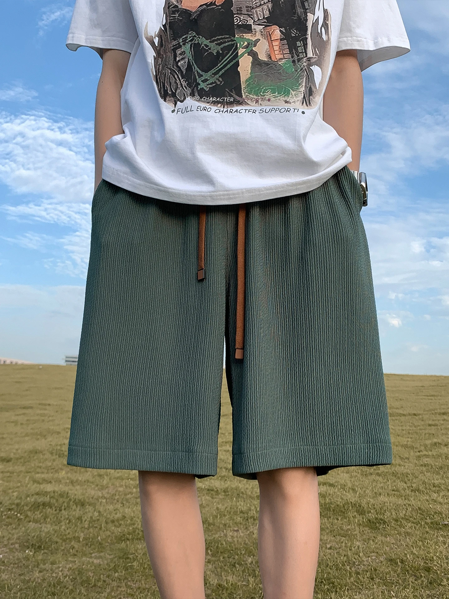 

Textured Ice Silk Beach orts Men's Summer Thin Faion Sport Casual Five-Quarter Loose Large Size Mid-Pay Pants