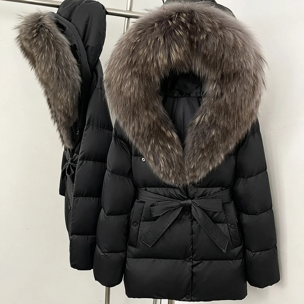 OFTBUY Gilet mit flauschigem Echtpelz, Daunenmantel, neue warme Winterkleidung für Damen, Kapuzenjacke mit echtem Waschbärpelzbesatz, Damenjacke – Detail 18