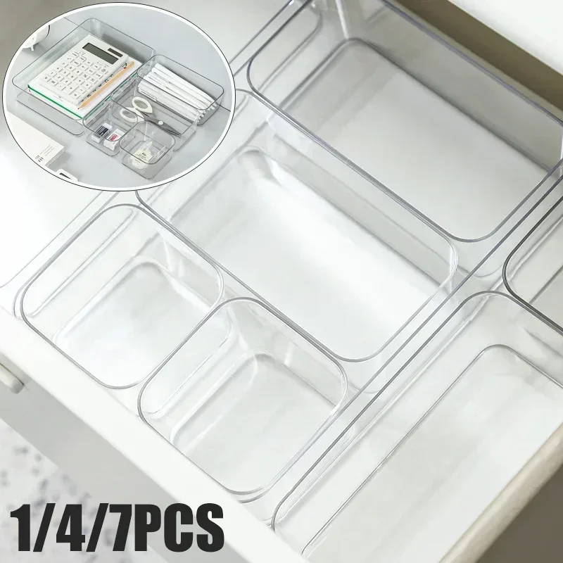 1/4/7PCS Desk Drawer Organizer Box Divider Kitchen Tableware Stationery Organizer Small Box Transparent PET Plastic Divider