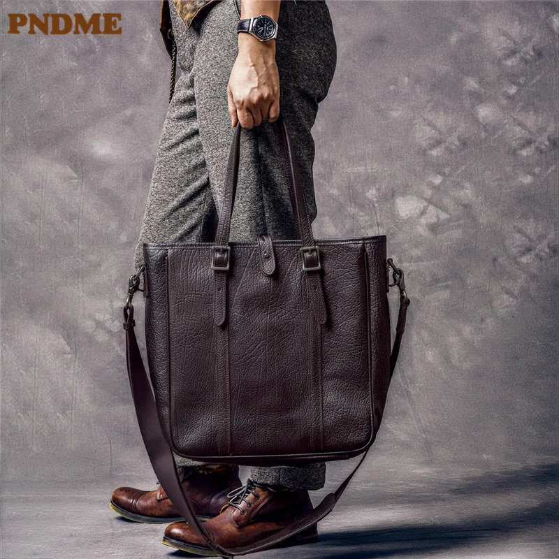 PNDME Vintage Fashion High Quality Natural Real Leather Men Large Capacity Tote Bag Outside Organizer Real Cowhide Crossbody Bag