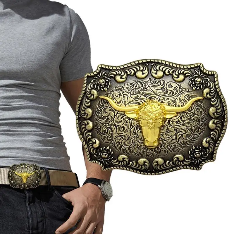 

Belt Buckles Men Western Cowboy Long Horn Metal Bull Buckle Long Horn Bull Pattern Buckle Belt Floral Engraved Buckle