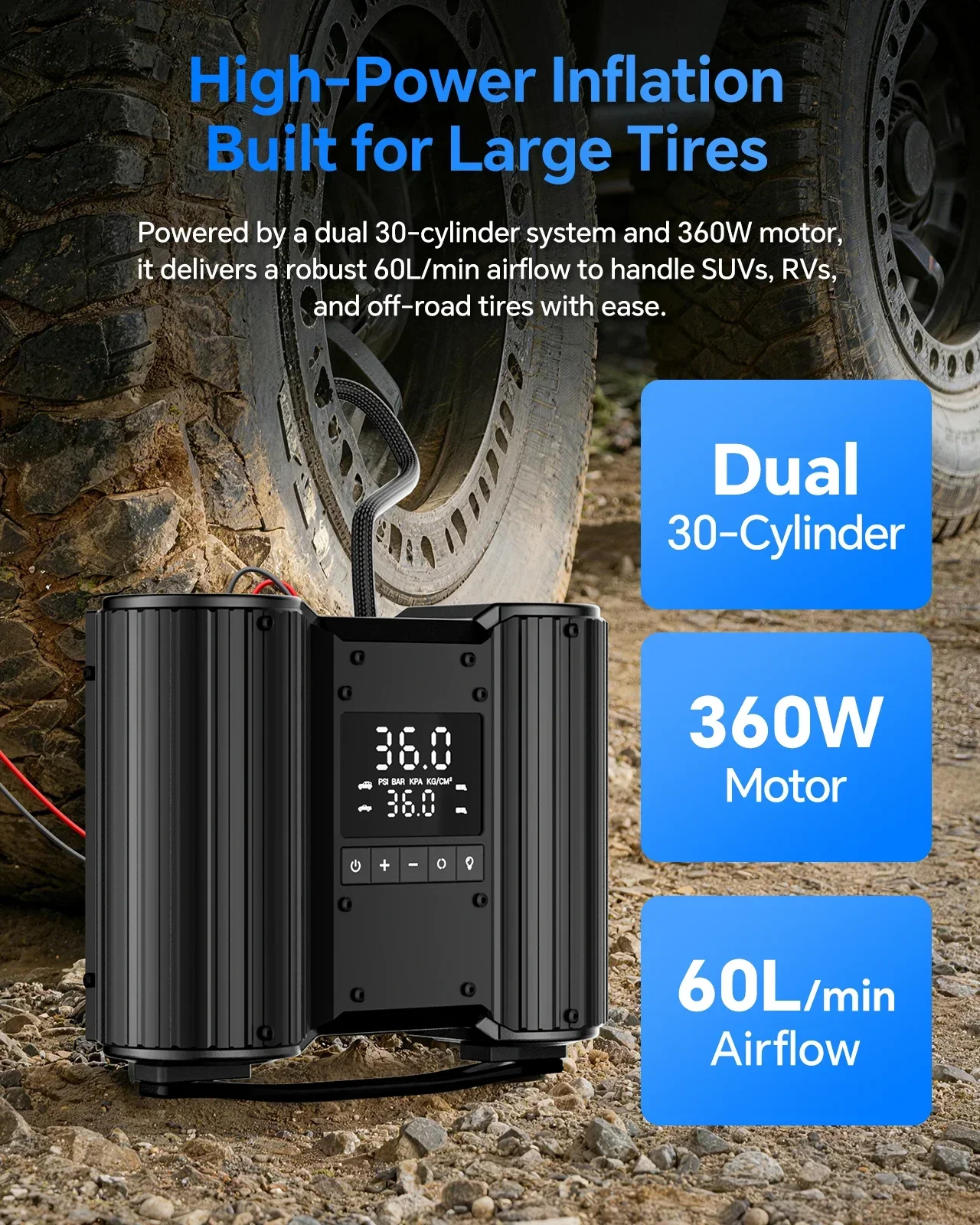 HLHeavy-Duty Dual-Cylinder Tire Inflator - 12V Portable Air Pump with Preset Pressure, Auto Stop for SUV, Truck, RV off-road use