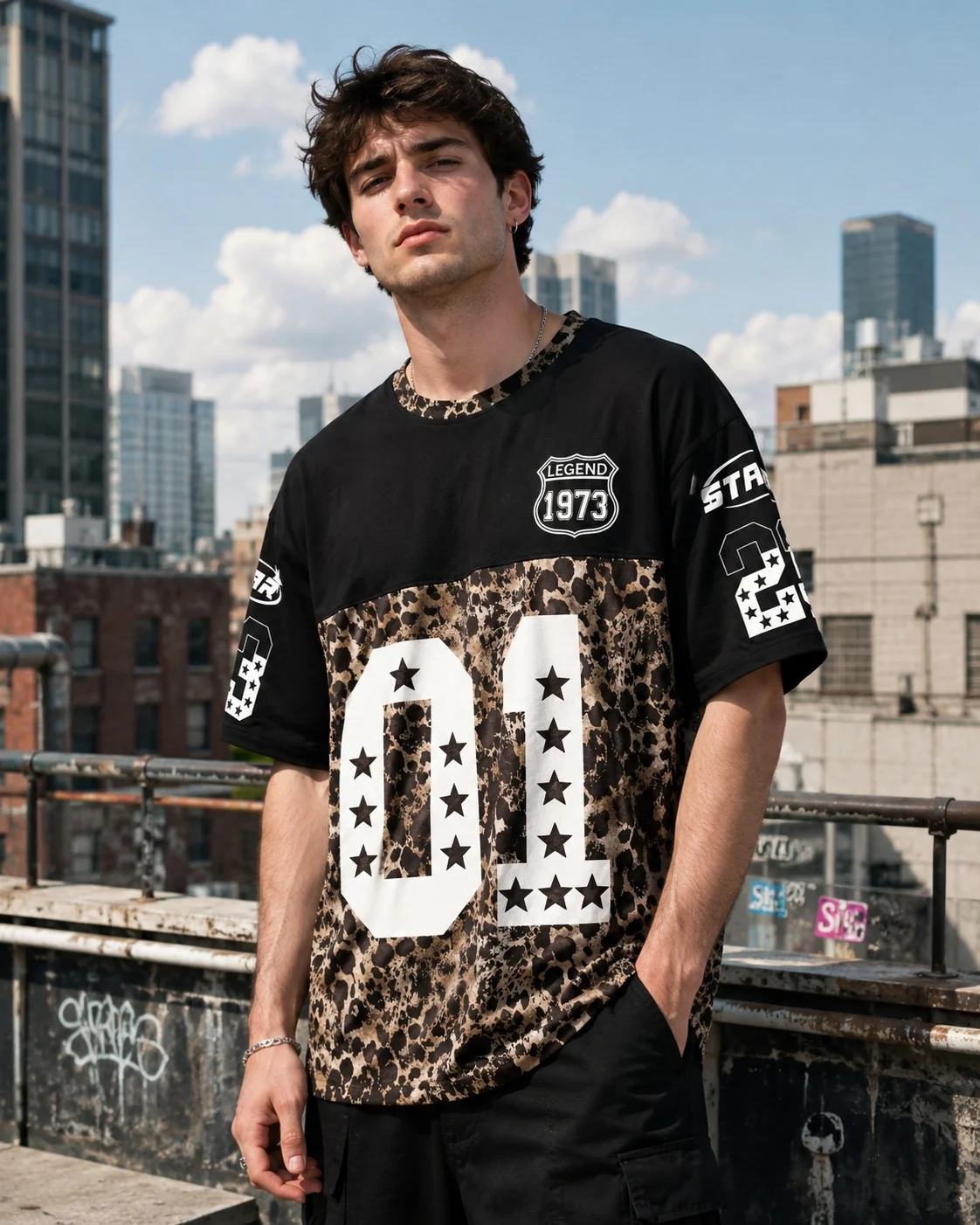Retro Street Trendy Men's T‑shirt Summer Crew Neck Short Sleeve Leopard  01 Star Graphic Print Loose Casual Oversized Daily Tops