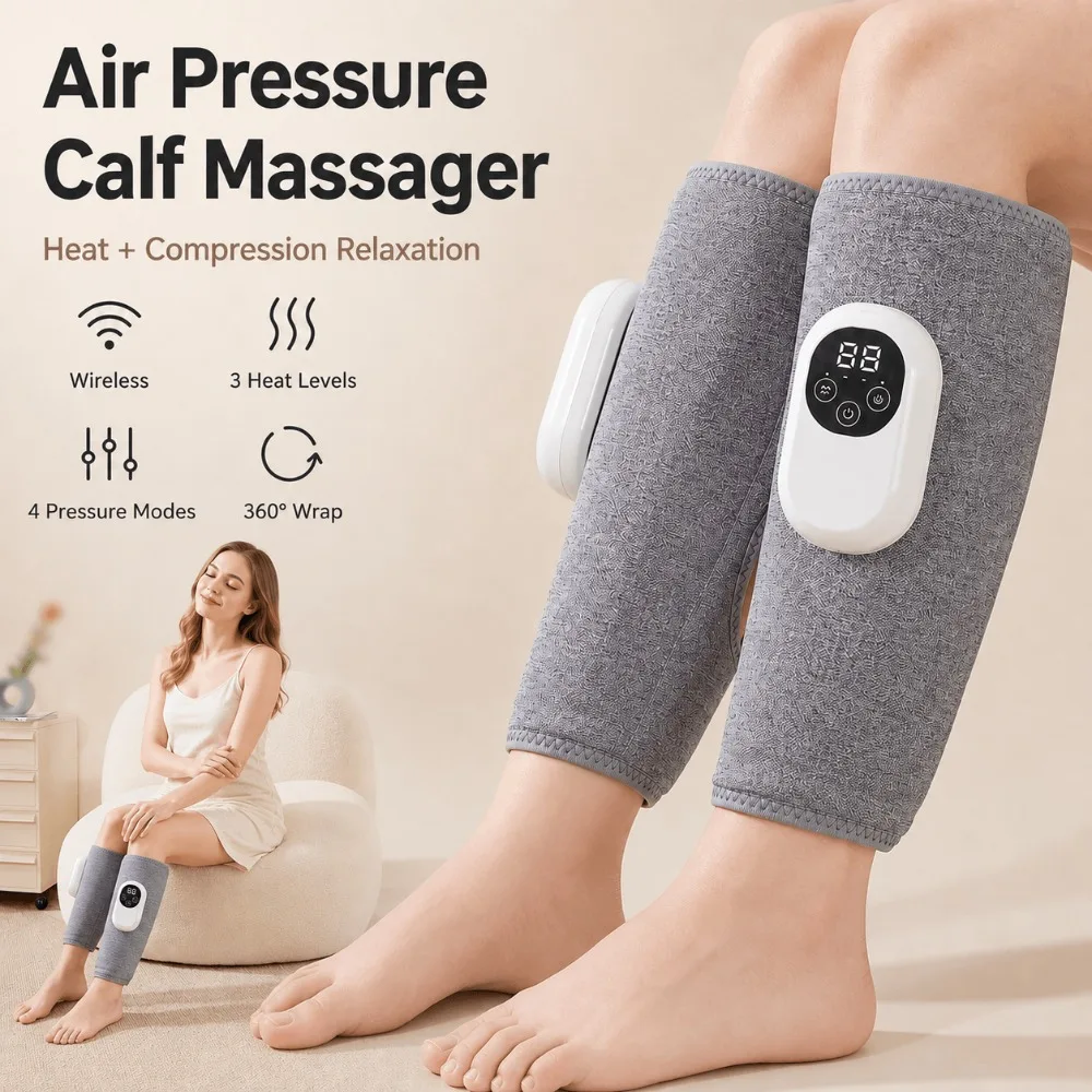 360° smart air pressure leg massager, wireless calf massager, 4 adjustable levels, surround heating, suitable for home office