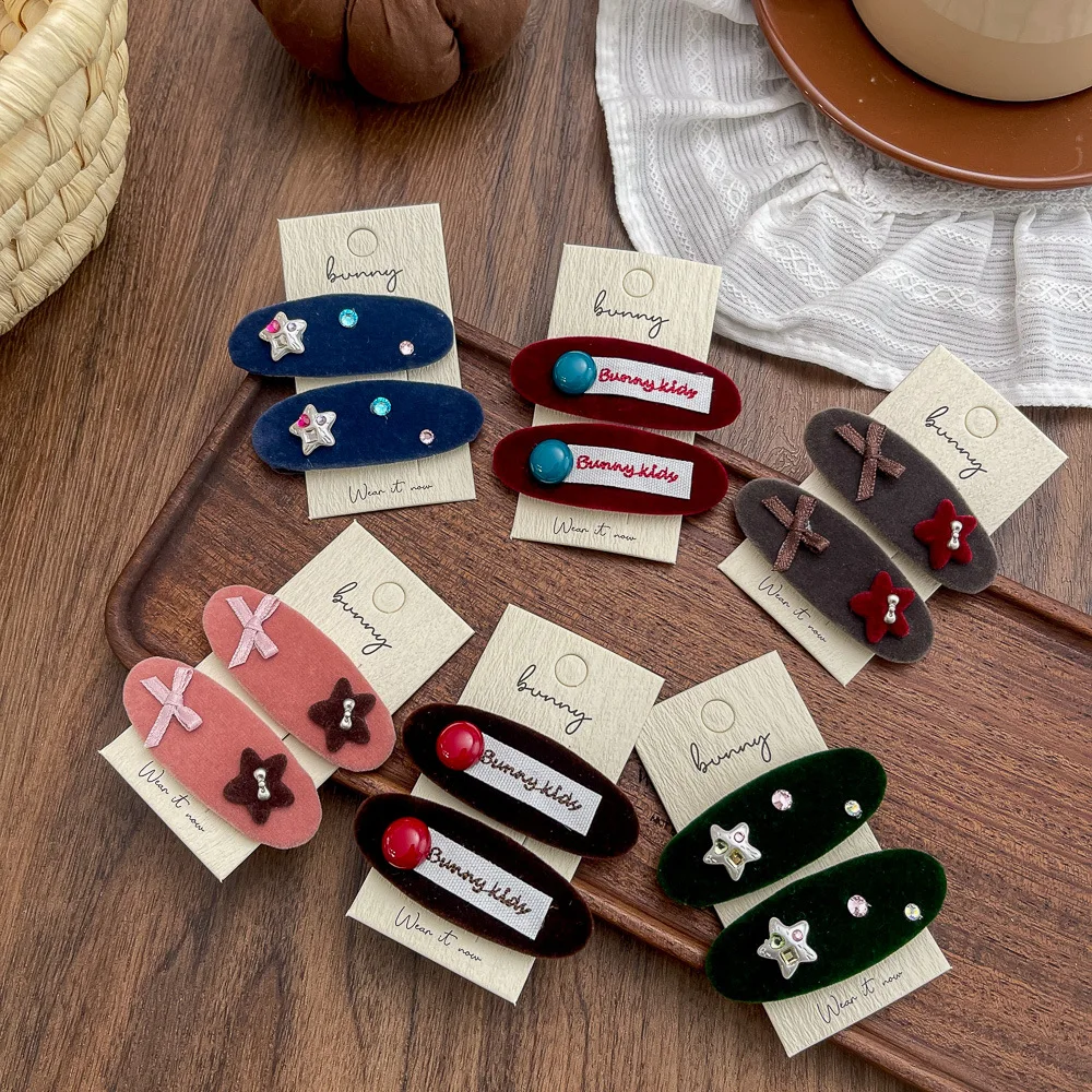 

2pcs Children's Hairpin Velvet Oval BB Clip Rhinestone Girl Hair Clips Hairpins Retro Bangs Side Clip Barrettes Hair Accessories