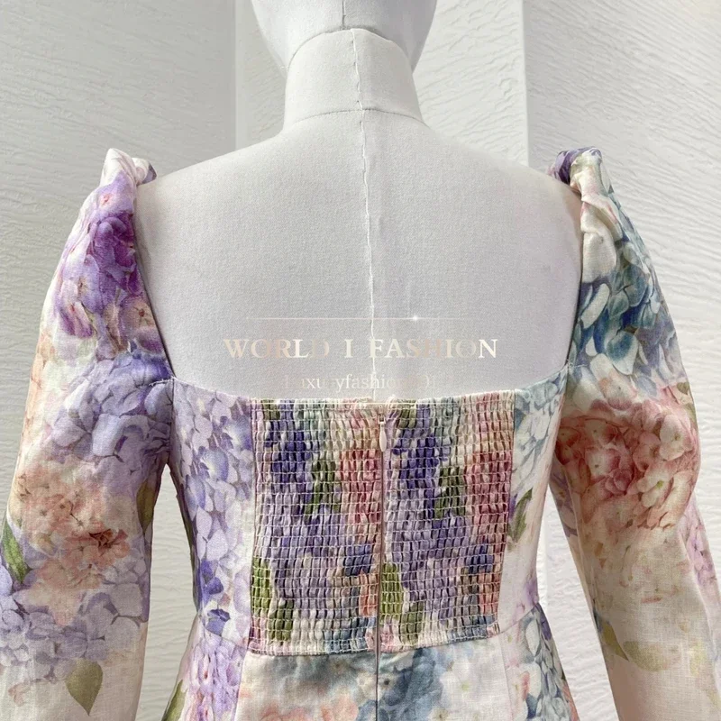 فستان نسائي قصير عتيق موديل 2025 جديد مختلط الألوان مطبوع عليه زهور عالي الجودة وأكمام طويلة بدون حمالات على شكل حرف a #5