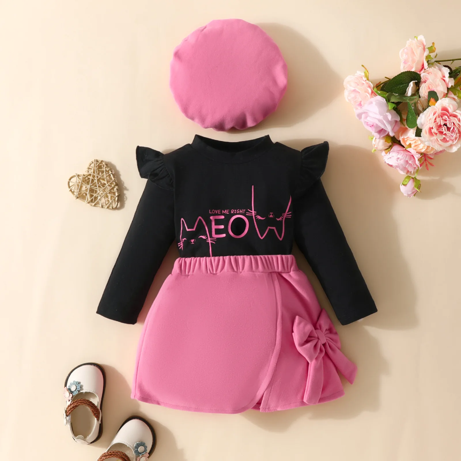 6-18months  Infant  Autumn and Spring Baby Girls Long Sleeve Letter Top Cat Peint Plush Skirt Beret Three-piece Set