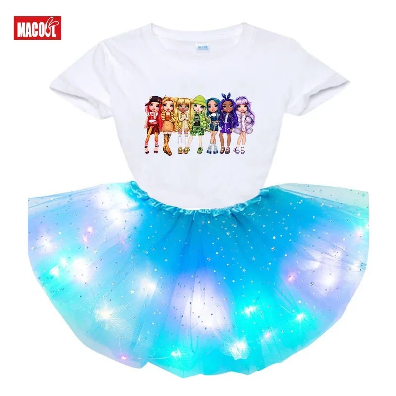 فتاة توتو مجموعات بول وتتسابق الاطفال توتو قمصان طويلة الأكمام مجموعة الفتيات قميص حفلة دعوى قوس قزح فستان خفيف ملابس الاطفال تنورة Et #2