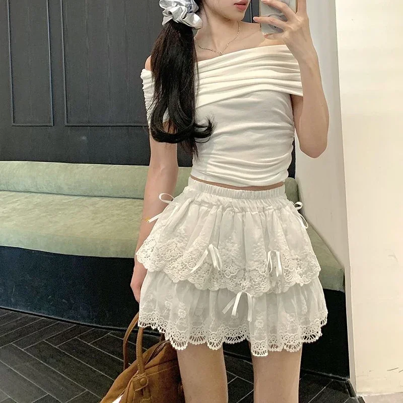 Deeptown Coquette White Lace Short Skirt Ruffle Women Sweet Bow Kawaii Mini Skirts Patchwork Layered A-line Aesthetics Skirt