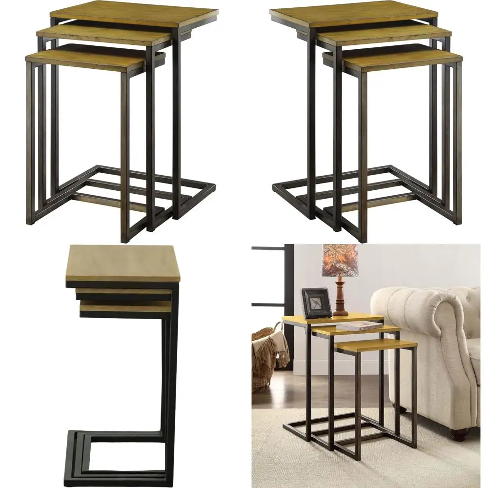 طقم طاولة متداخلة خشبية مستطيلة مكونة من 3 قطع مع إطار من سبائك الصلب للأثاث الحديث والمساحة #1