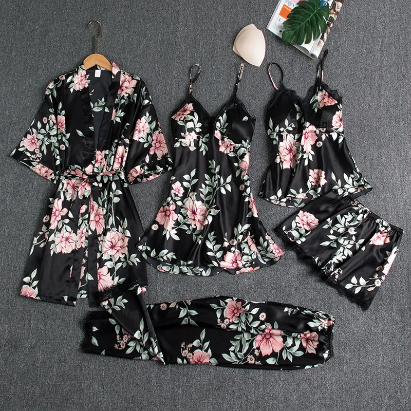 Wholesale Sexy 5 Pieces Silk Satin Sleep Sets Women Lace Bathrobe Satin Robe Pajamas Set