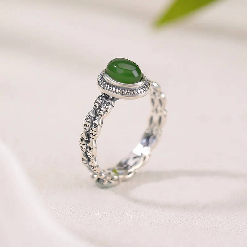 Natural Hetian Jade S925 Sterling Silver Jadeite Ring with Fish-Pattern