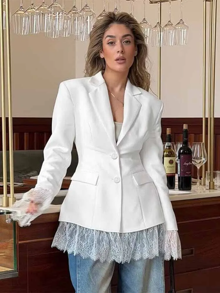 HH mujer principios de primavera moda manga larga un solo pecho encaje Patchwork decoración Blazer mujer Casual ajustado abrigo de desplazamiento