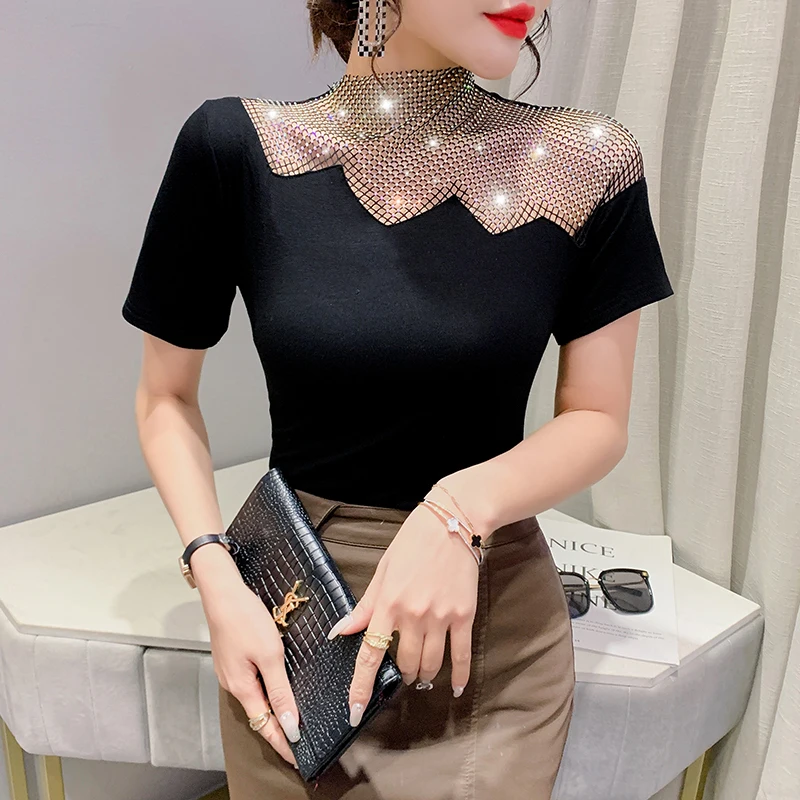 

2025 Summer European Clothes T-Shirt Chic Sexy Hollow Out Patchwork Shiny Diamonds Women Tops Short Sleeve Elastic Tees 32069