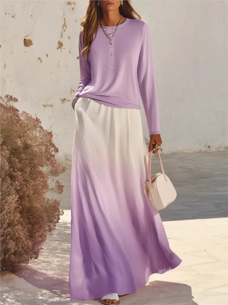 Solid Color O-neck Long Sleeved T-shirt Top Women's Long Skirt Set 2026 Autumn Item Gradient Printed Skirt Casual Two-piece Set