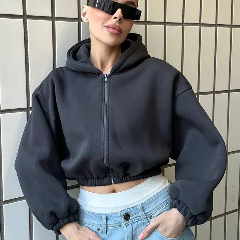 Autumn Women\'s Fashion Short Jacket Y2k Solid Color Short Cardigan Zipper Hoodie Long Sleeve Loose Coat Women\'s Sweatshirt