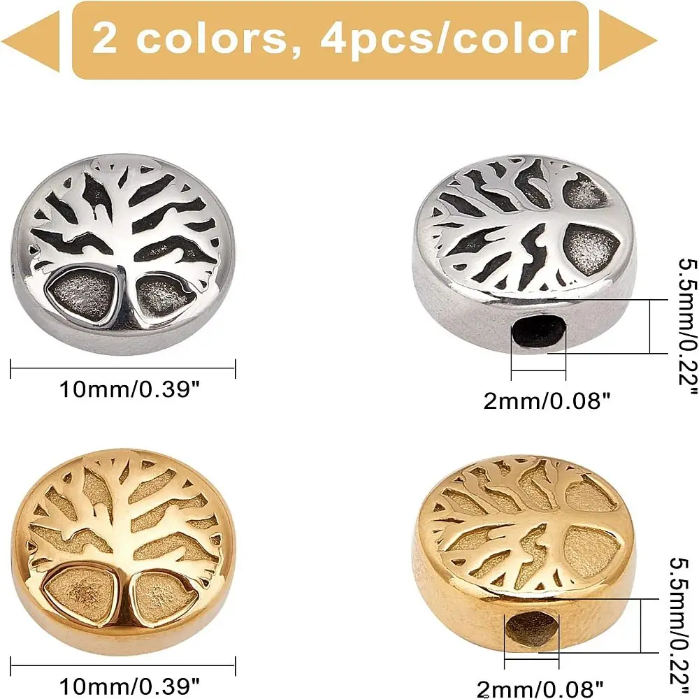 10pcs Retro Tree of Life Spacer Beads Stainless Steel Silver Round 10mm Diameter 5.5mm Thick 2mm Hole for DIY Bracelet Necklace
