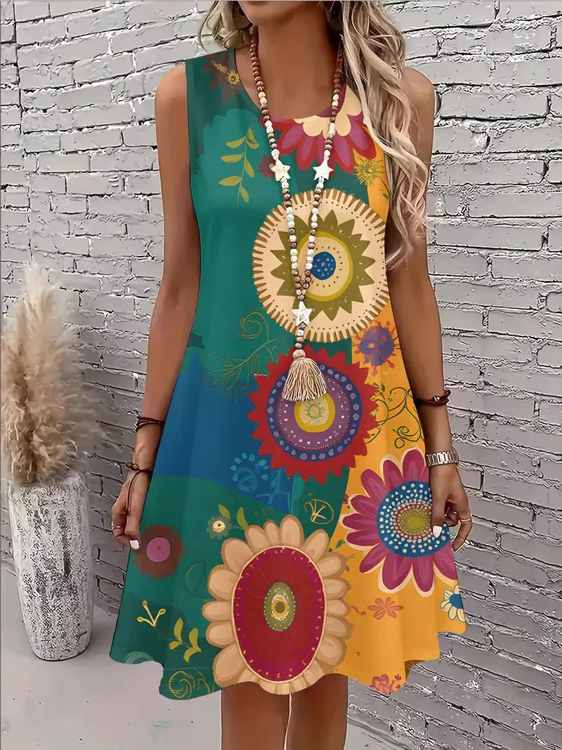 Sleeveless Flower Pattern Fashion Women Mini Dresses Summer 3D Printed Street Elegant Ladies Dress 3XL Plus Size Casual Dress