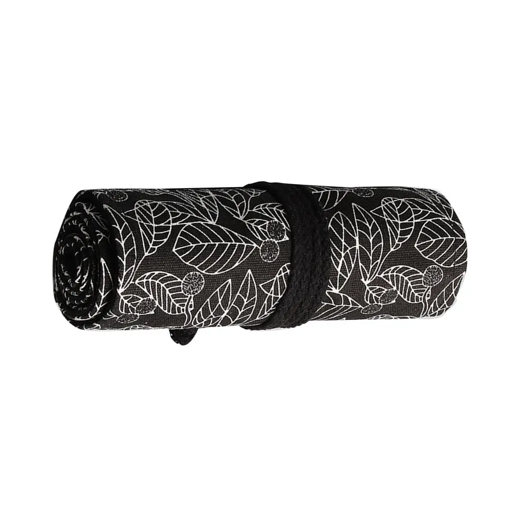 Black White Leaves Printed Pattern Roll Up Paint Brush Canvas Case Wrap Sketching Drawing Pen Bag Pouch 12-24 Holes