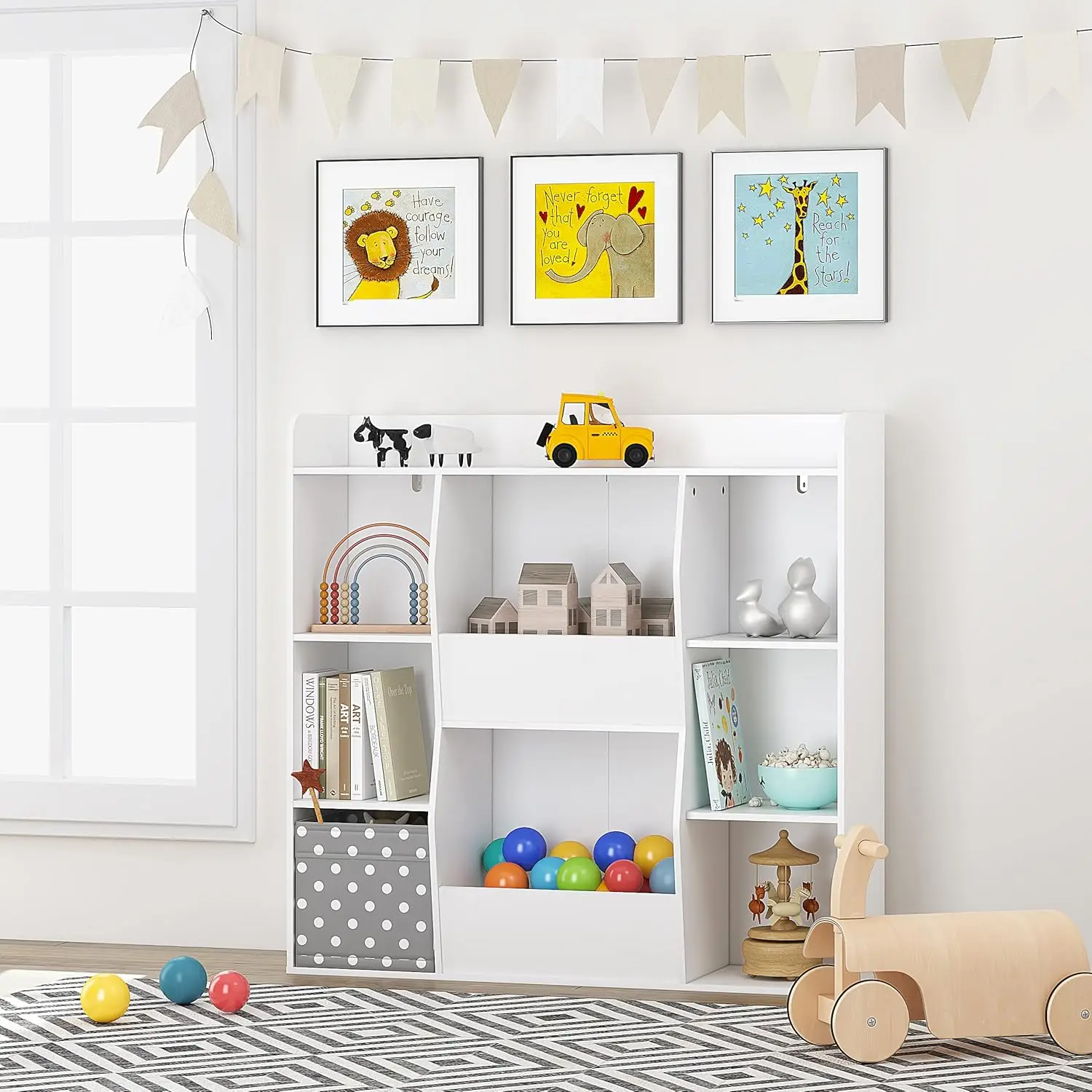 Kids Toy Storage and Bookshelf, Multifunctional Bookcase with 8 Cubbies and Bins, Open Kids Bookshelf Organizer Display Stand