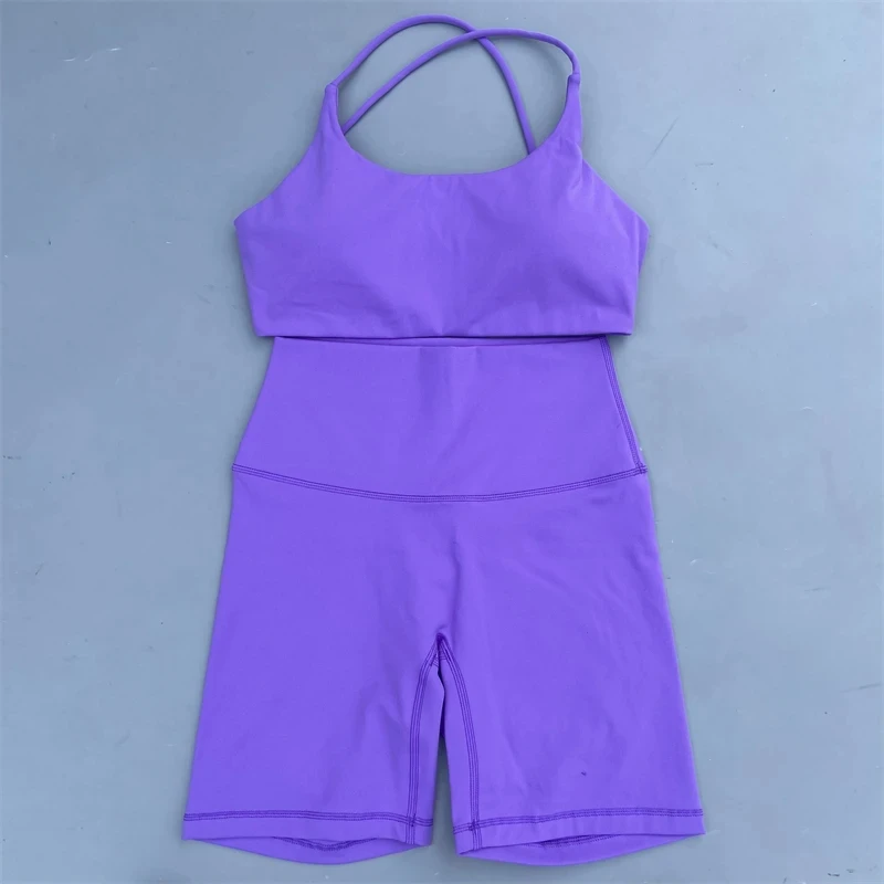 طقم يوغا رياضي بلون واحد للنساء ، سروال ضيق قصير ، حمالة صدر رياضية متقاطعة الظهر ، بدلة رياضية للصالة الرياضية ، تدريب شامل ، ركض ، بدلة رياضية