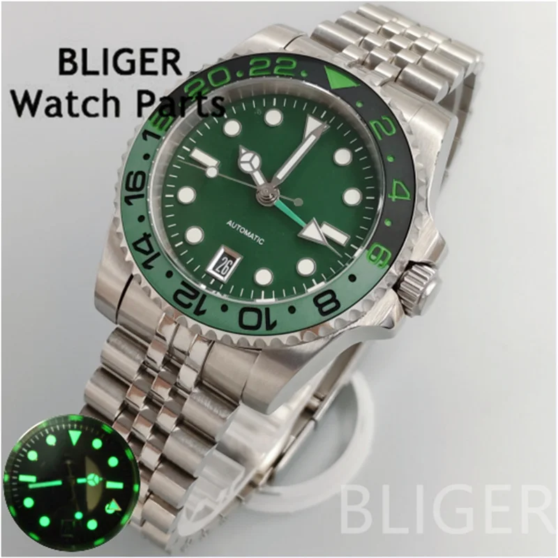 BLIGER 40 мм синие, зеленые, черные, белые часы для мужчин NH34 GMT механические наручные часы со светящимся циферблатом, сапфировое стекло, 6 часов